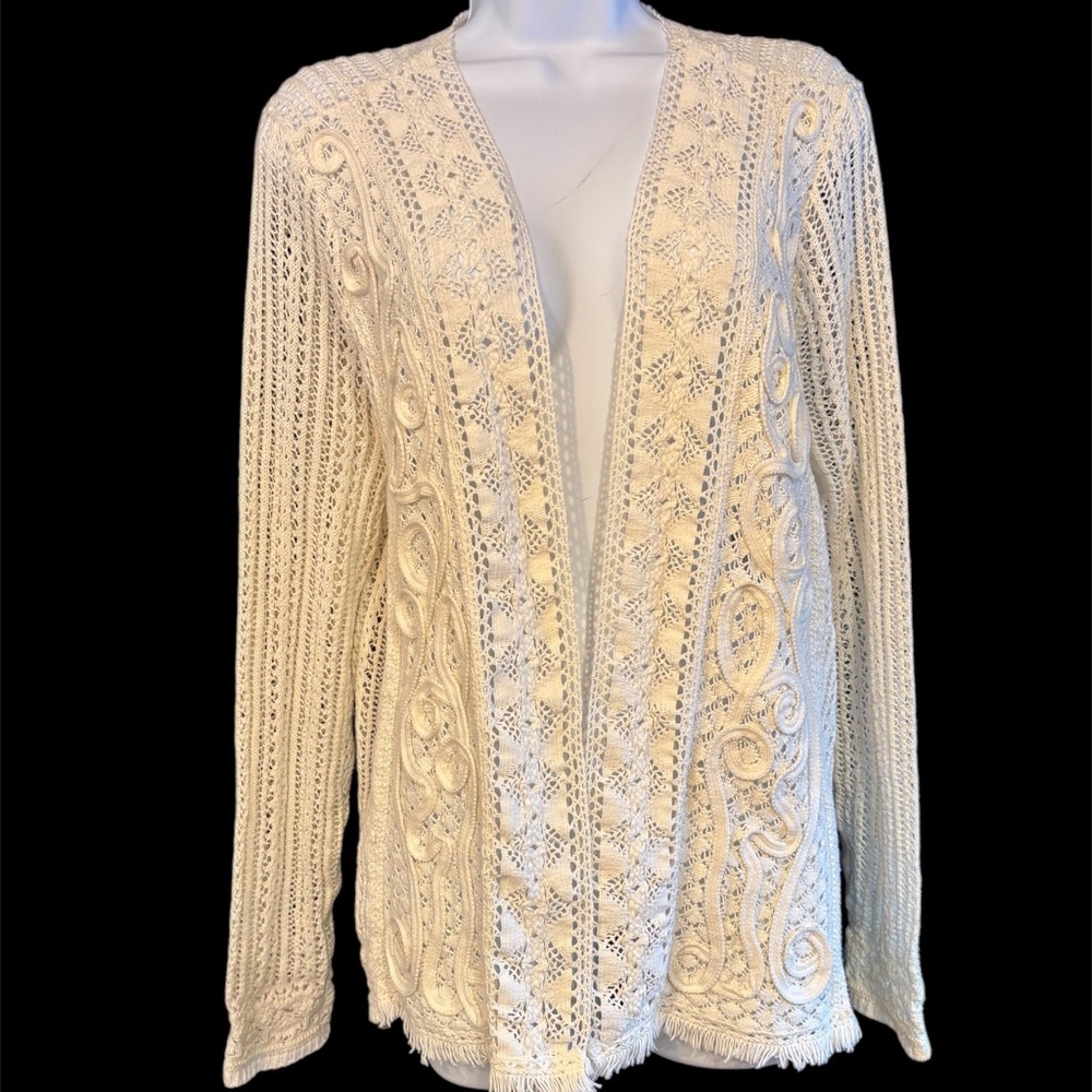 CHICOS OPEN WEAVE CARDIGAN WITH CROCHETED DETAIL